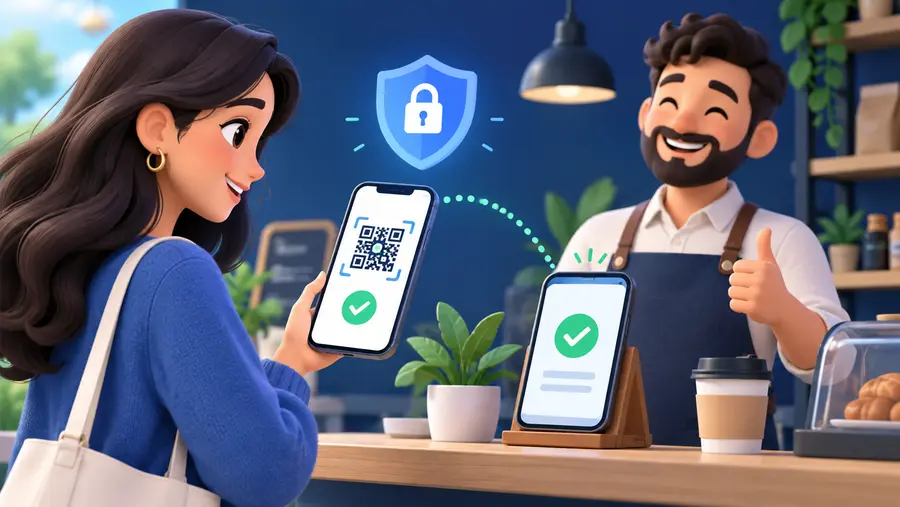 Cliente pagando con el celular y comerciante recibiendo la confirmación